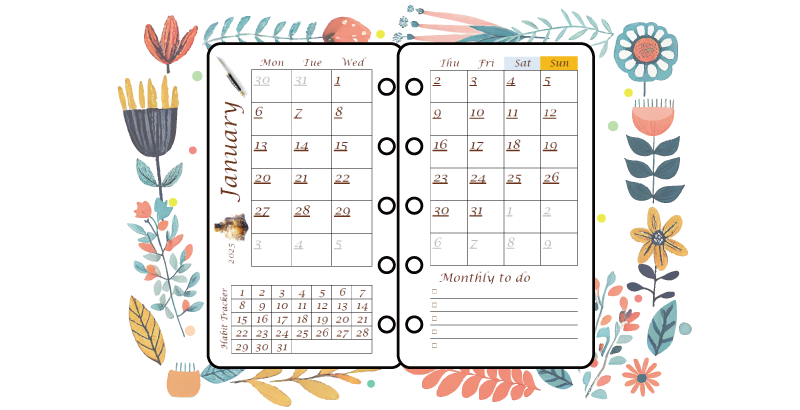 Spread monthly calendar 2025